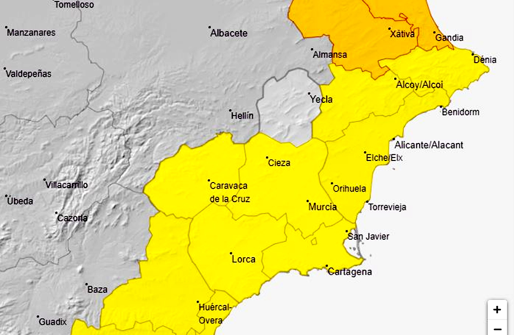 Se mantiene para maana la alerta amarilla por lluvias en la mayor parte de la Regin de Murcia